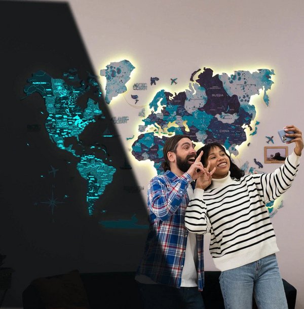 3D LED / LUMINOUS Drevená Mapa Sveta Ocean