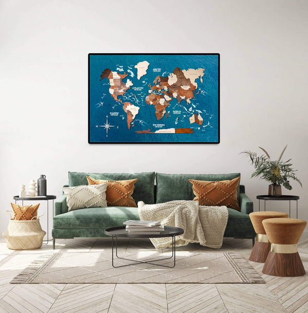 3D Drevená Panelová Mapa Sveta Multicolor