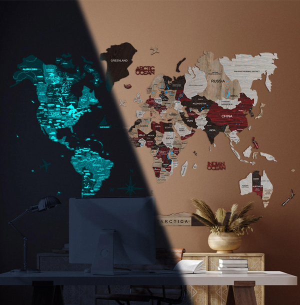 3D Luminous/Magnetic Farebná Drevená Mapa Sveta Urban