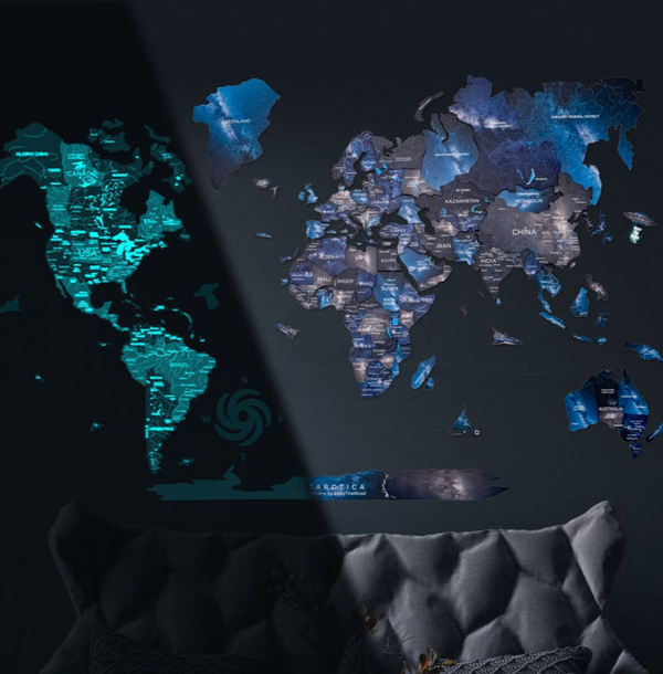 3D Luminous/Magnetic Farebná Drevená Mapa Sveta Space