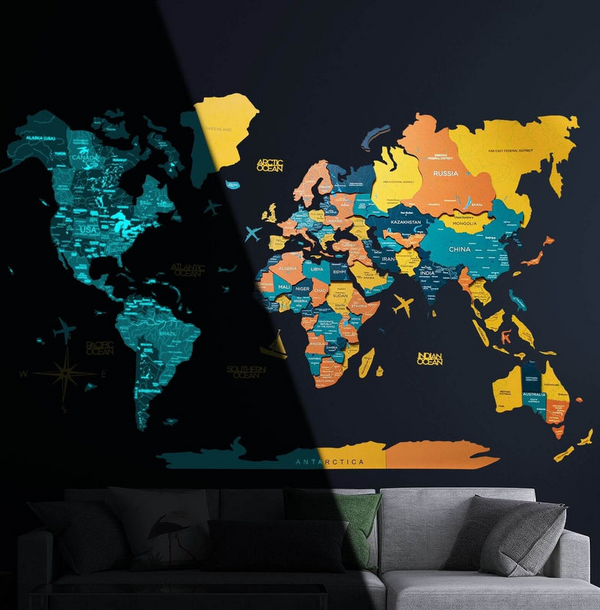 3D Luminous/Magnetic Farebná Drevená Mapa Sveta Indie