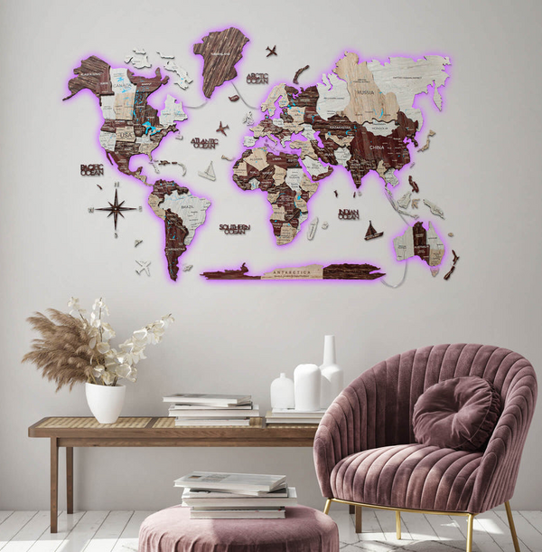 3D LED / LUMINOUS Drevená Mapa Sveta Cappuccino