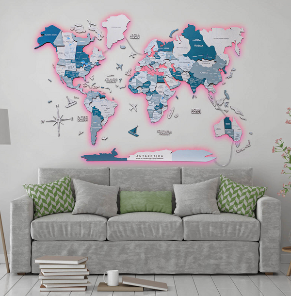 3D LED / LUMINOUS Drevená Mapa Sveta Aqua