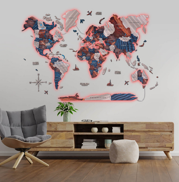 3D LED / LUMINOUS Drevená Mapa Sveta Duna