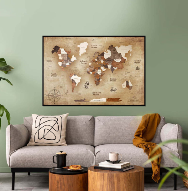 3D Drevená Panelová Mapa Sveta Multicolor